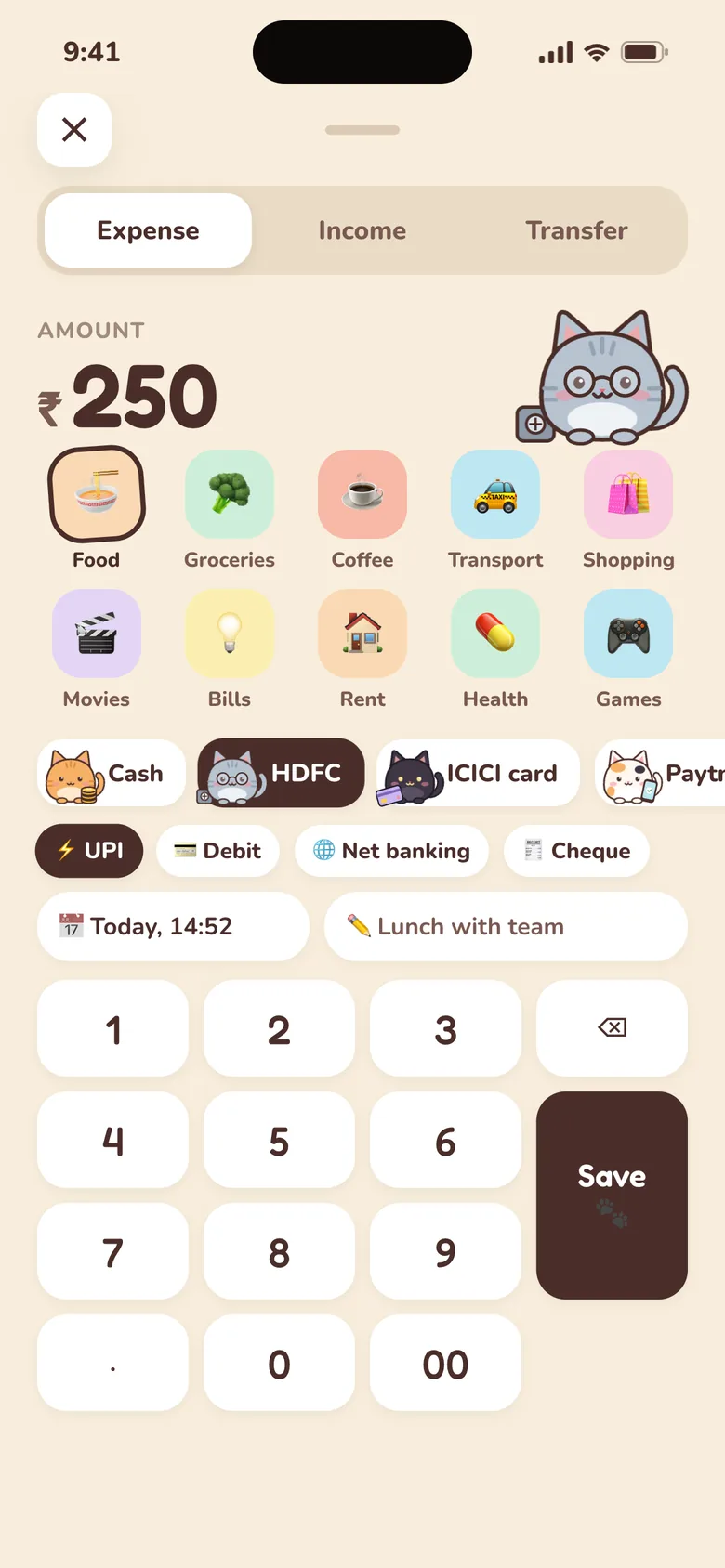 Add expense screen with an amount of ₹250, a grid of categories, account cats and payment method chips above a number keypad.